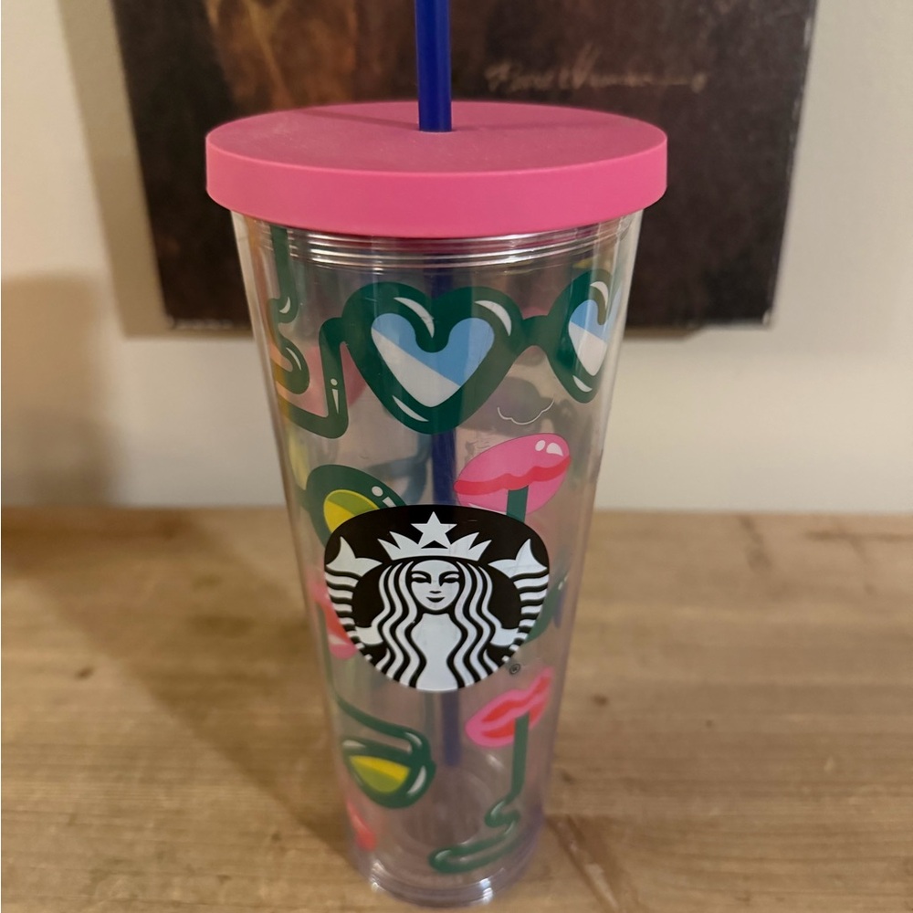 Starbucks Tumbler with Pink Lid and Heart Motif